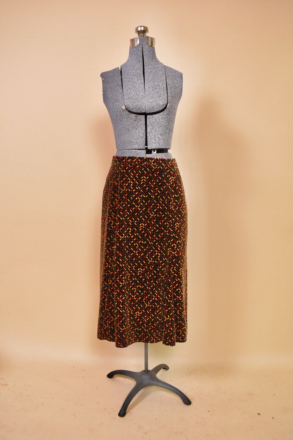 Brown 1970s Velvet Three Piece Set by Miss Dior, S/M. Skirt pictured from front.