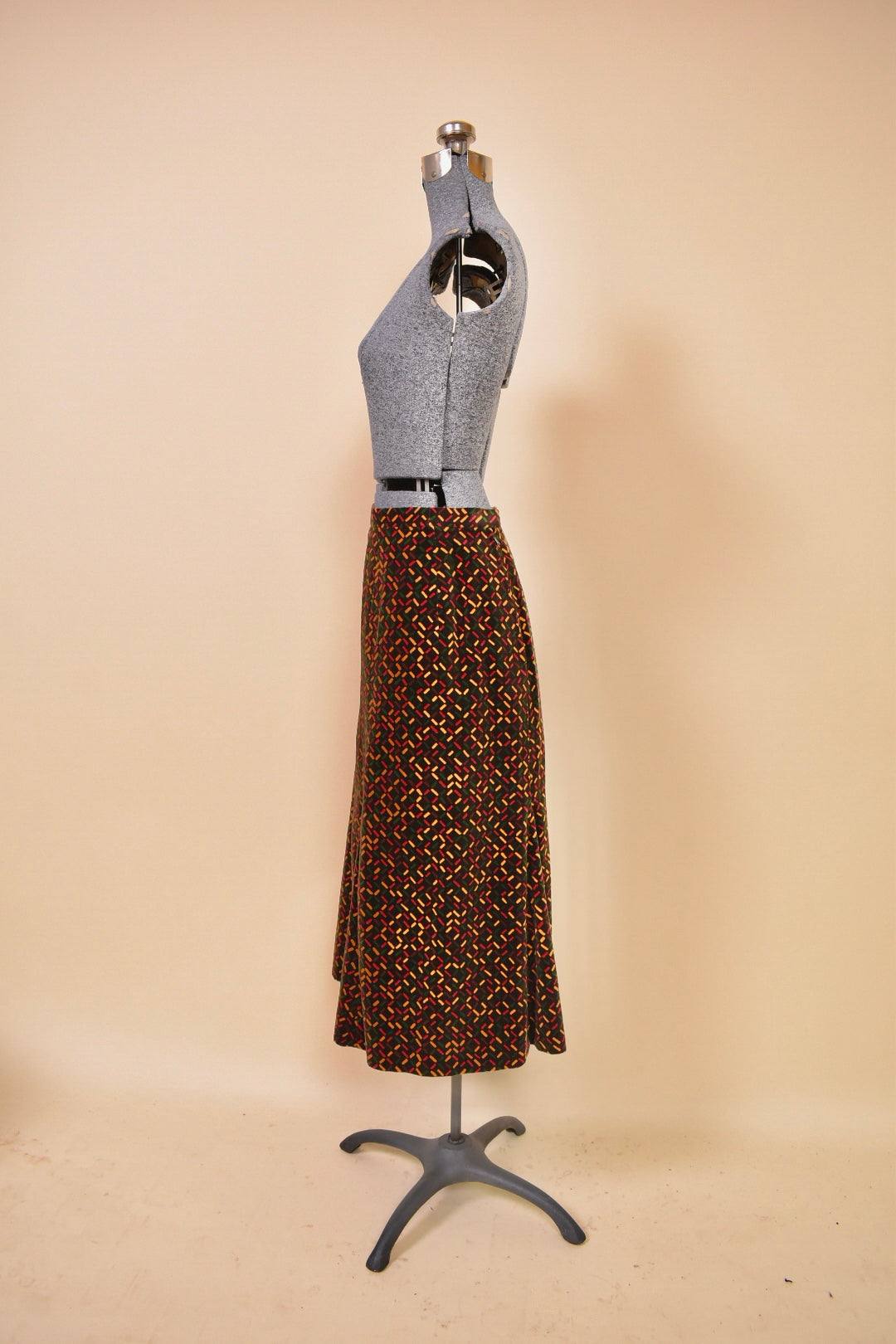 Brown 1970s Velvet Three Piece Set by Miss Dior, S/M. Skirt pictured from side.