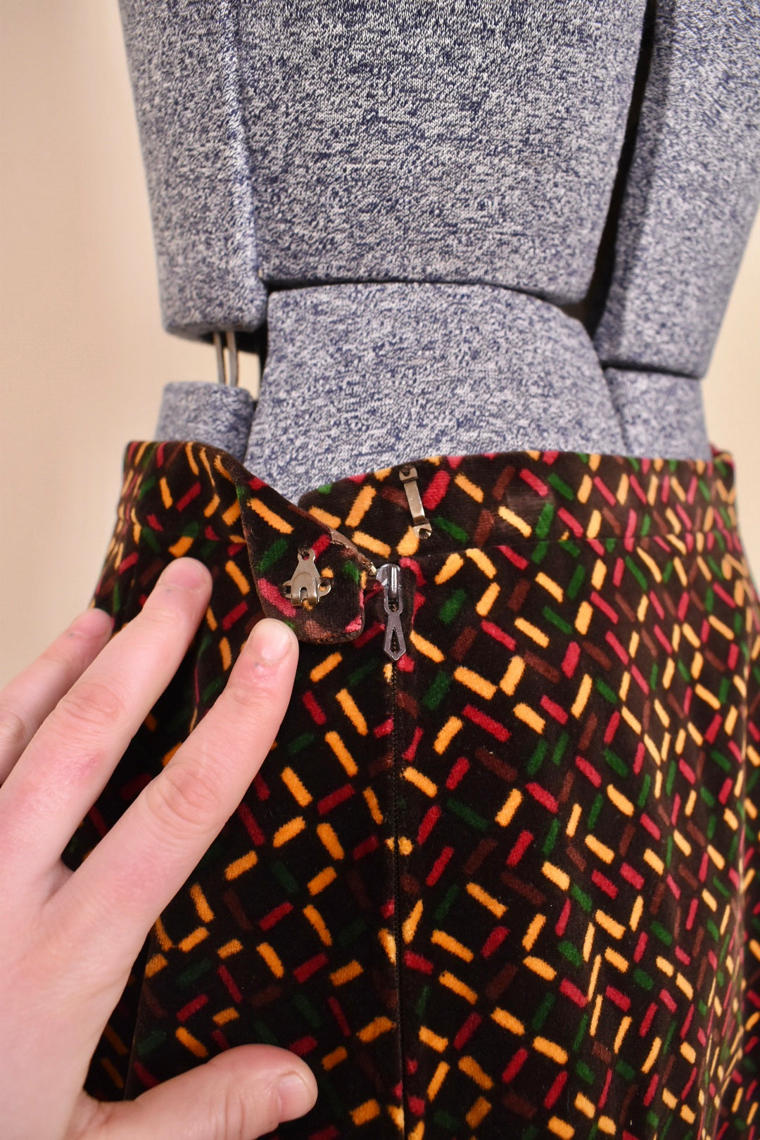 Brown 1970s Velvet Three Piece Set by Miss Dior, S/M. Close up from skirt closure