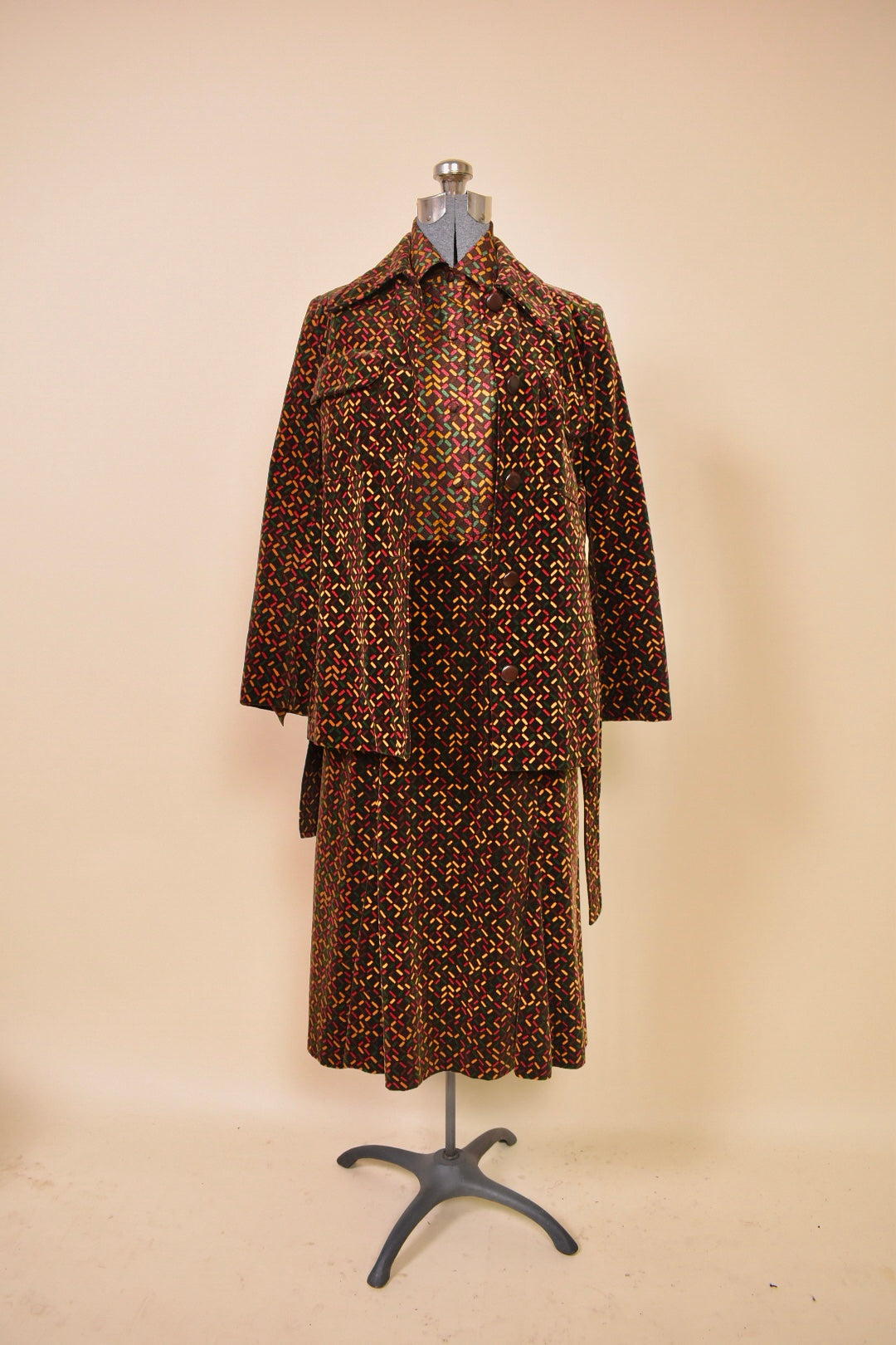 Brown 1970s Velvet Three Piece Set by Miss Dior, S/M. Full set pictured unbelted.