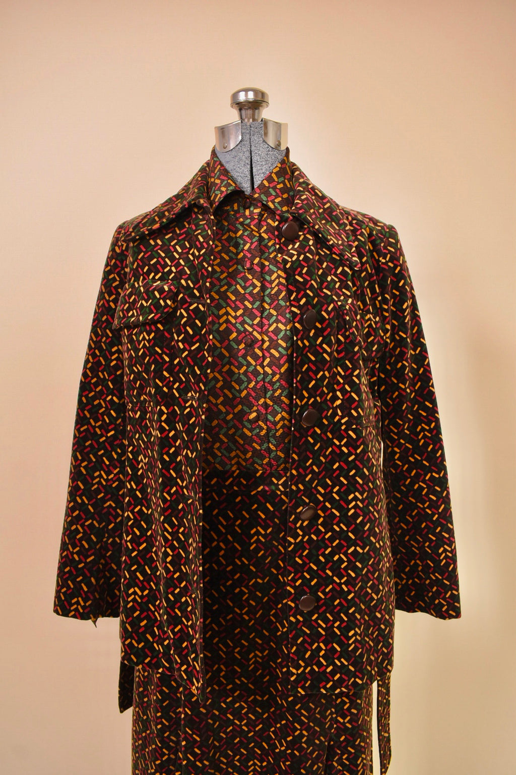 Brown 1970s Velvet Three Piece Set by Miss Dior, S/M. Close up of set.