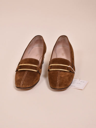 1970s Suede Heeled Loafers By Gucci as shown from the front