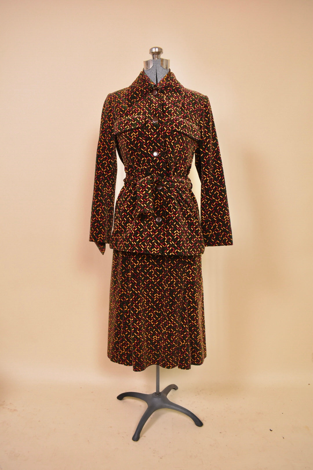 Brown 1970s Velvet Three Piece Set by Miss Dior, S/M. Full set belted from the front.