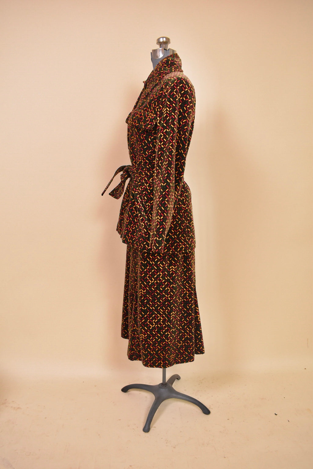Brown 1970s Velvet Three Piece Set by Miss Dior, S/M. Full set pictured from side.