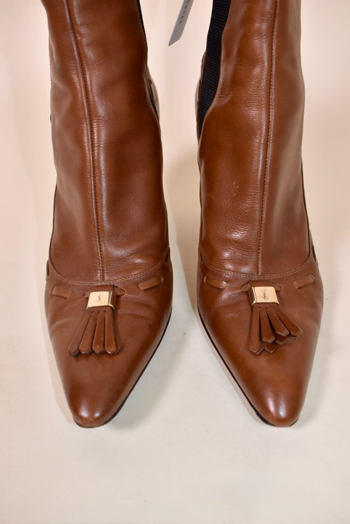 Brown Stiletto Booties By YSL, 37 1/2