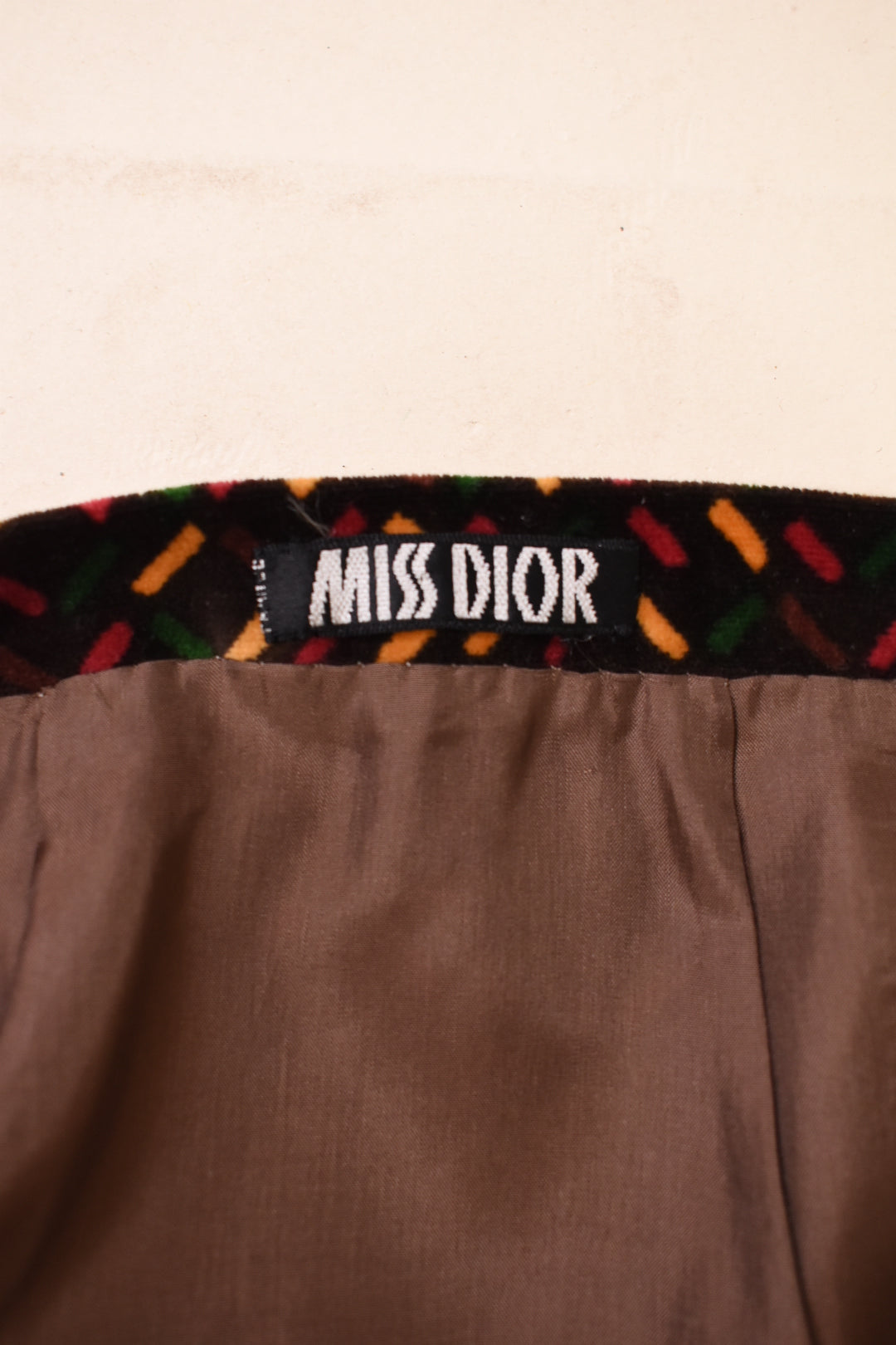 Brown 1970s Velvet Three Piece Set by Miss Dior, S/M. Miss Dior skirt tag.