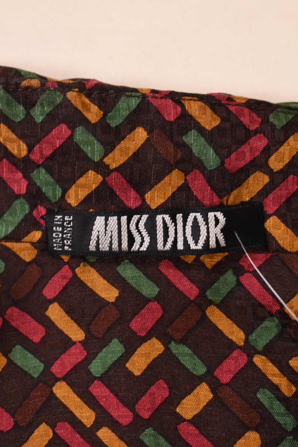 Brown 1970s Velvet Three Piece Set by Miss Dior, S/M. Miss Dior Blouse tag close up