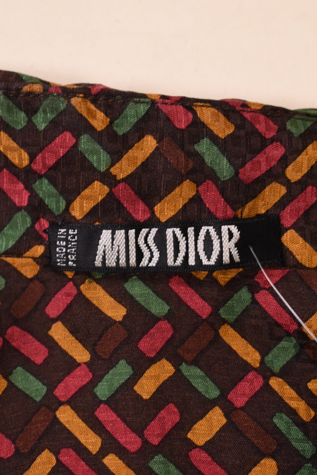 Brown 1970s Velvet Three Piece Set by Miss Dior, S/M. Miss Dior Blouse tag close up
