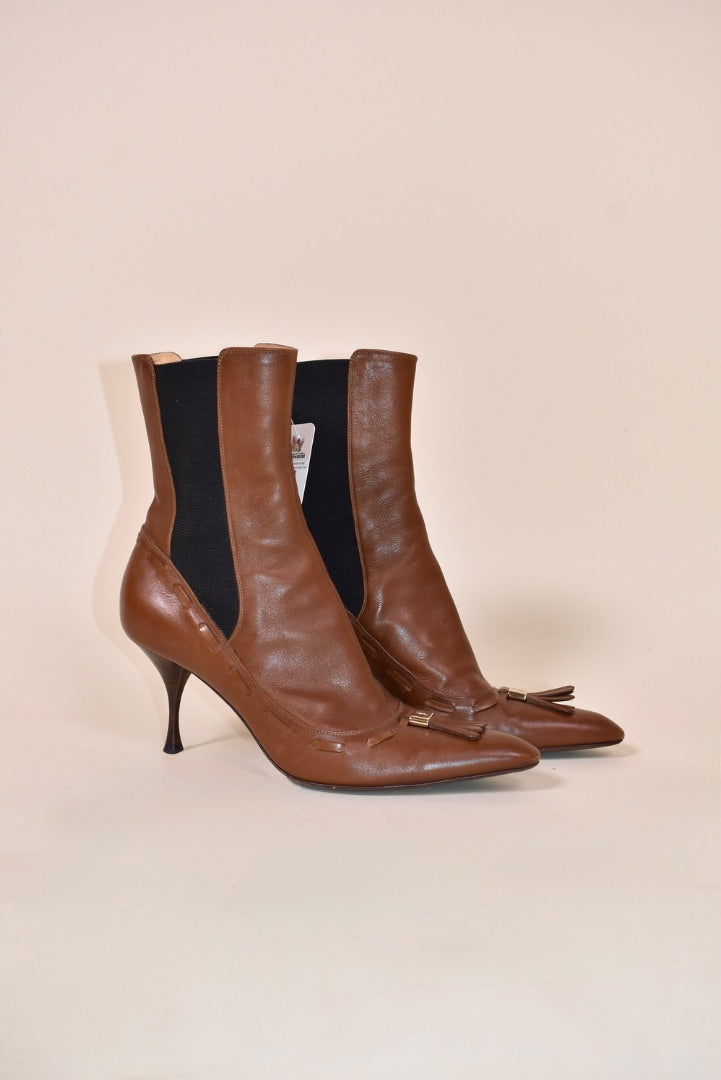 Brown Stiletto Booties By YSL, 37 1/2