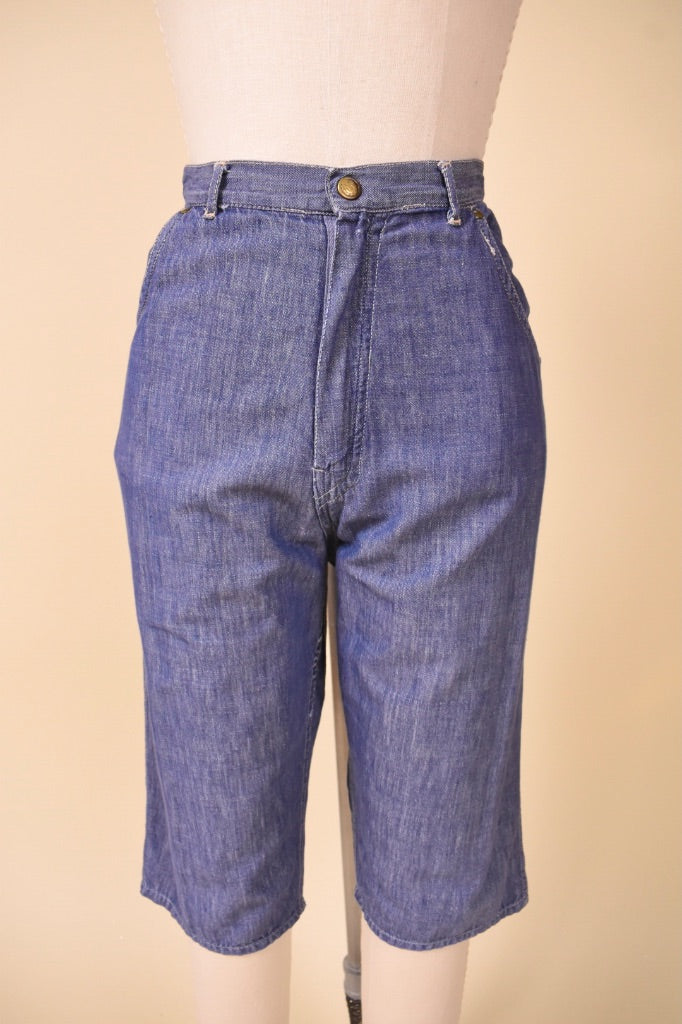 Blue 50s Long Chambray Shorts, S
