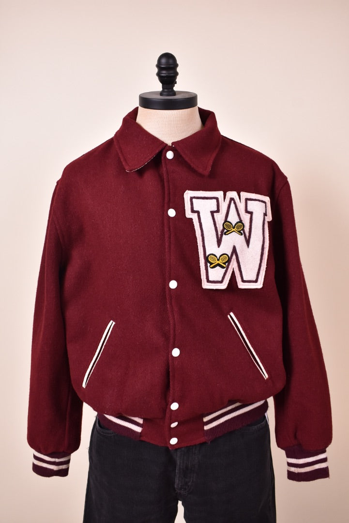 Maroon Weston Tennis Wool Varsity Jacket By Hatchers shown from front
