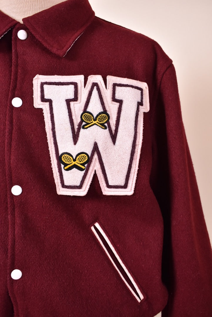 Maroon Weston Tennis Wool Varsity Jacket By Hatchers letter detail
