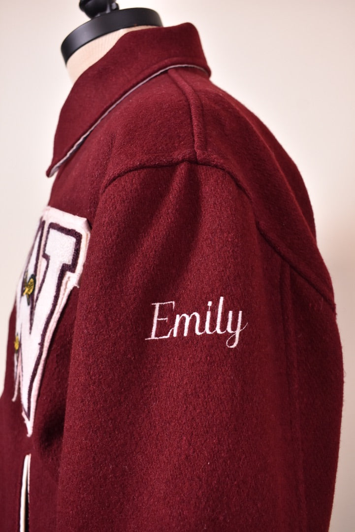 Maroon Weston Tennis Wool Varsity Jacket By Hatchers name detail

