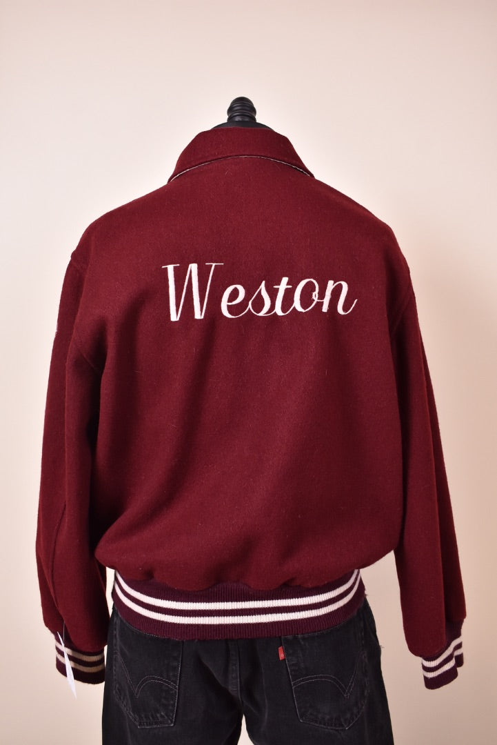 Maroon Weston Tennis Wool Varsity Jacket By Hatchers shown from back
