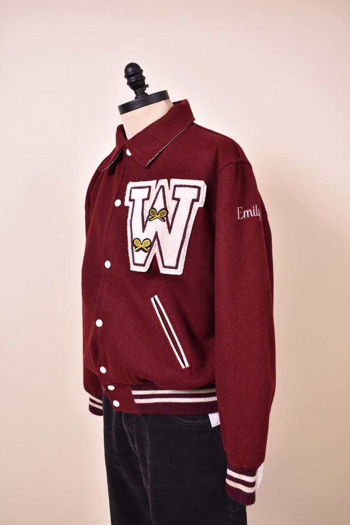 Maroon Weston Tennis Wool Varsity Jacket By Hatchers shown from angle
