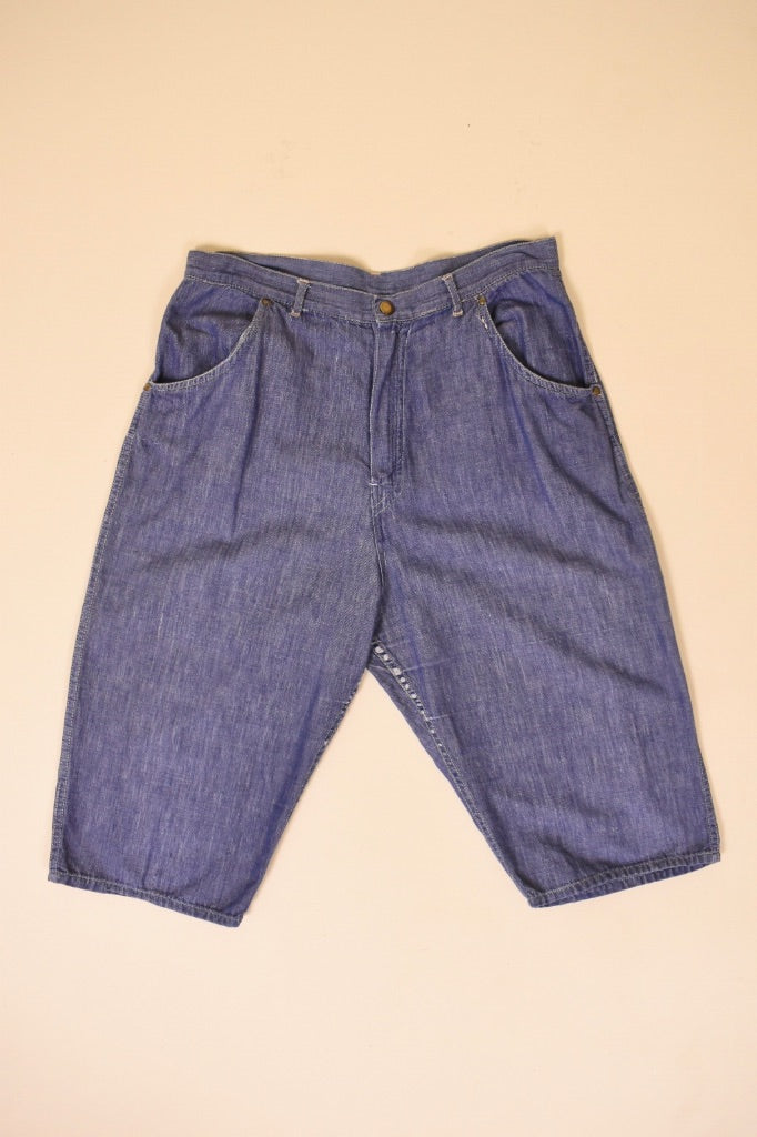 Blue 50s Long Chambray Shorts, S