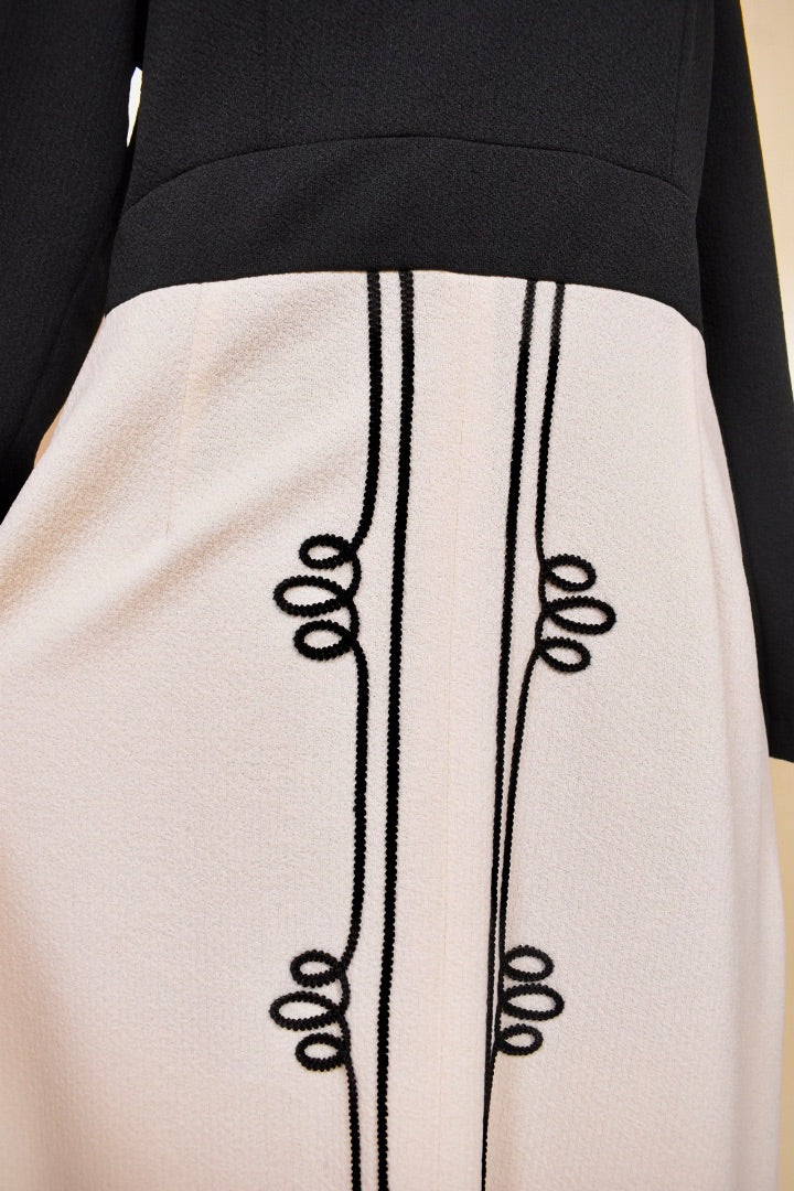 Black & White 60s Embroidered Maxi Dress, By Parkshire Original, M/L: Skirt Embroidery 
