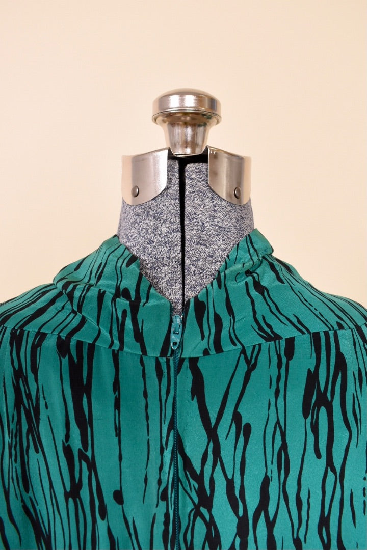 Designer Teal and Black Silk Midi Dress by Pauline Trigere, L: Back Zipper