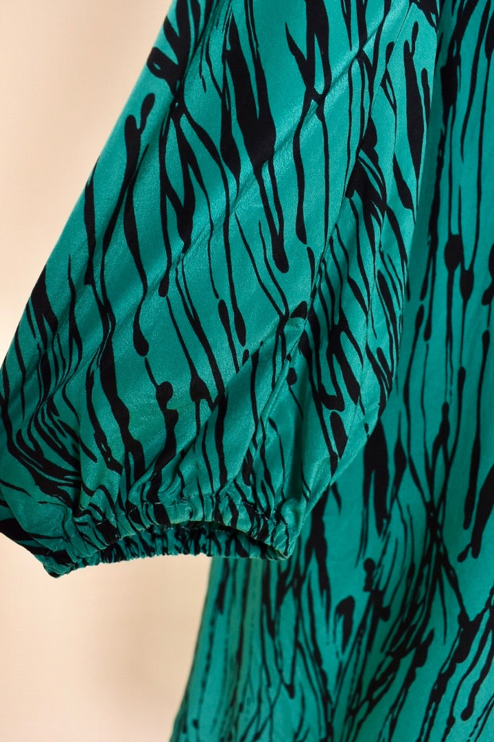 Designer Teal and Black Silk Midi Dress by Pauline Trigere, L: Sleeve 
