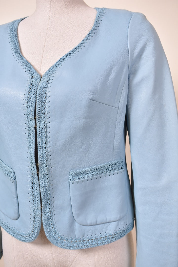 Vintage Y2K Genuine Leather Lace Trim Cropped Jacket shown from front right