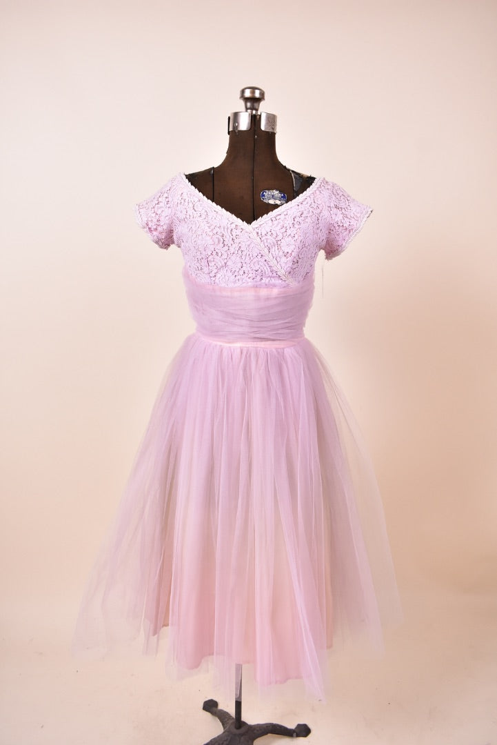 1960s Lilac Lace Prom Dress shown from front
