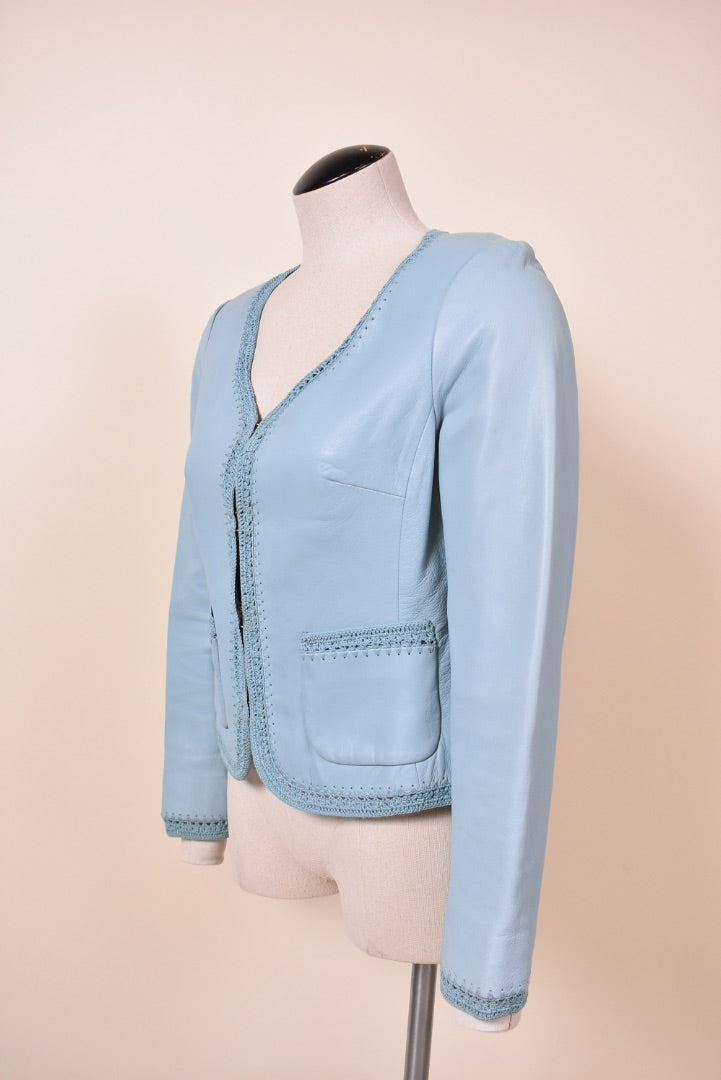 Vintage Y2K Genuine Leather Lace Trim Cropped Jacket shown from side