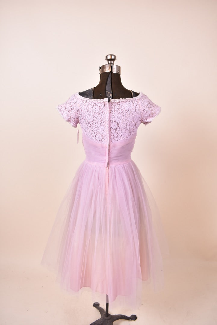1960s Lilac Lace Prom Dress shown from back