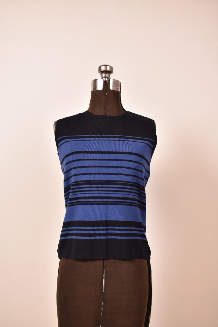 Black and Blue Silk Blend Striped Sleeveless Knit Top By Oliver Perry, M
