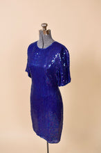 Load image into Gallery viewer, 80s blue sequin dress shown from the side
