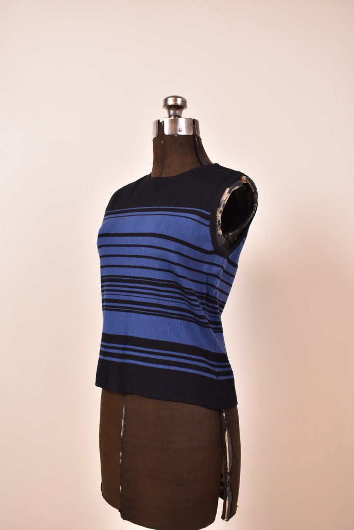 Black and Blue Silk Blend Striped Sleeveless Knit Top By Oliver Perry, M