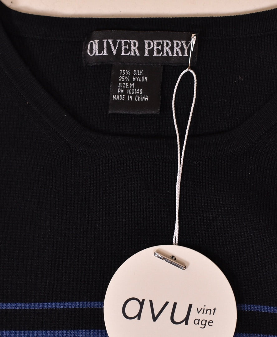 Black and Blue Silk Blend Striped Sleeveless Knit Top By Oliver Perry, M