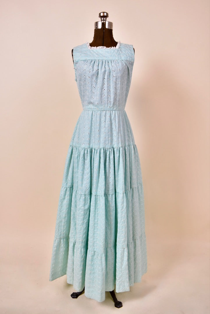 Aqua Cotton Eyelet Handmade Tiered Gown with Petticoat and Belt