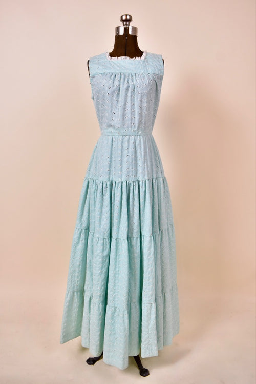 Aqua Cotton Eyelet Handmade Tiered Gown with Petticoat and Belt