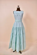 Aqua Cotton Eyelet Handmade Tiered Gown with Petticoat and Belt