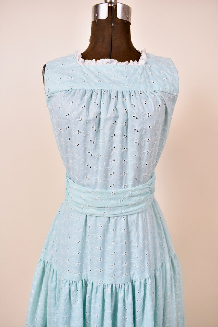 Aqua Cotton Eyelet Handmade Tiered Gown with Petticoat and Belt