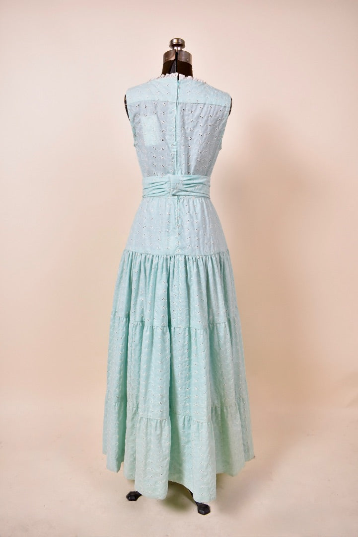 Aqua Cotton Eyelet Handmade Tiered Gown with Petticoat and Belt