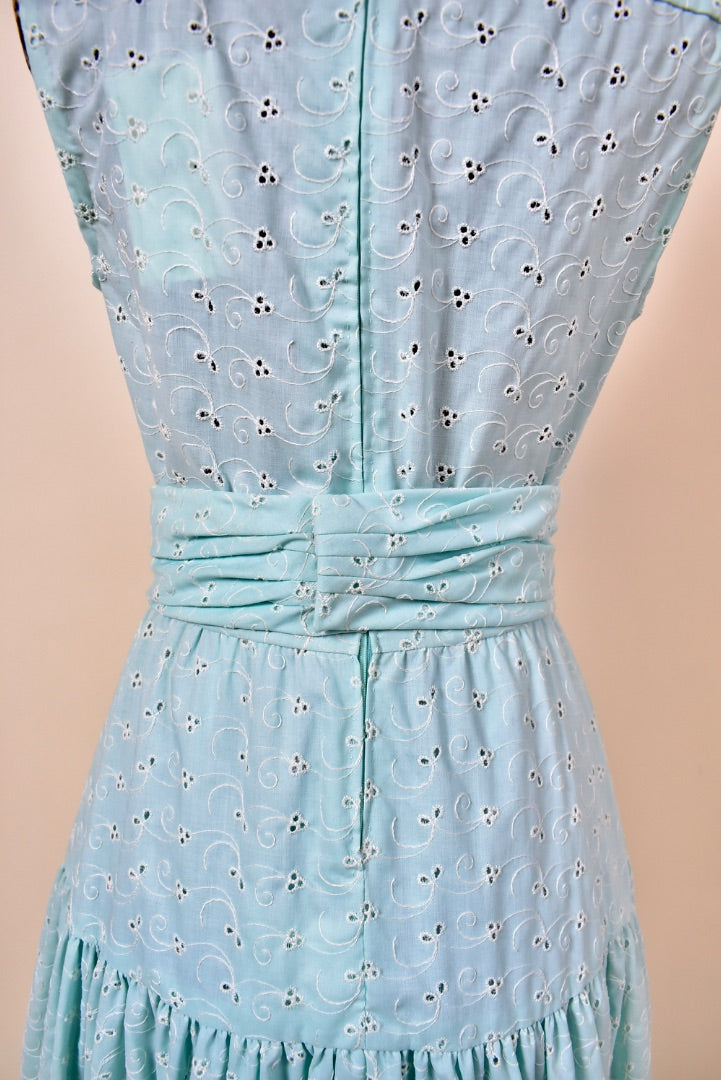 Aqua Cotton Eyelet Handmade Tiered Gown with Petticoat and Belt
