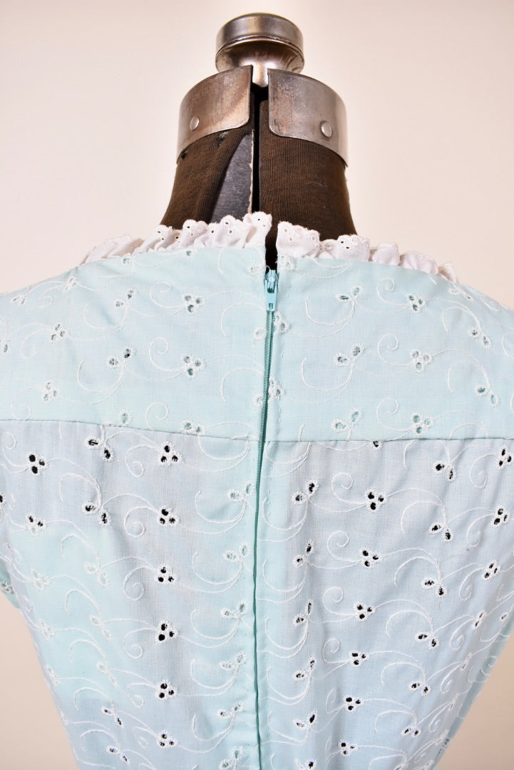 Aqua Cotton Eyelet Handmade Tiered Gown with Petticoat and Belt