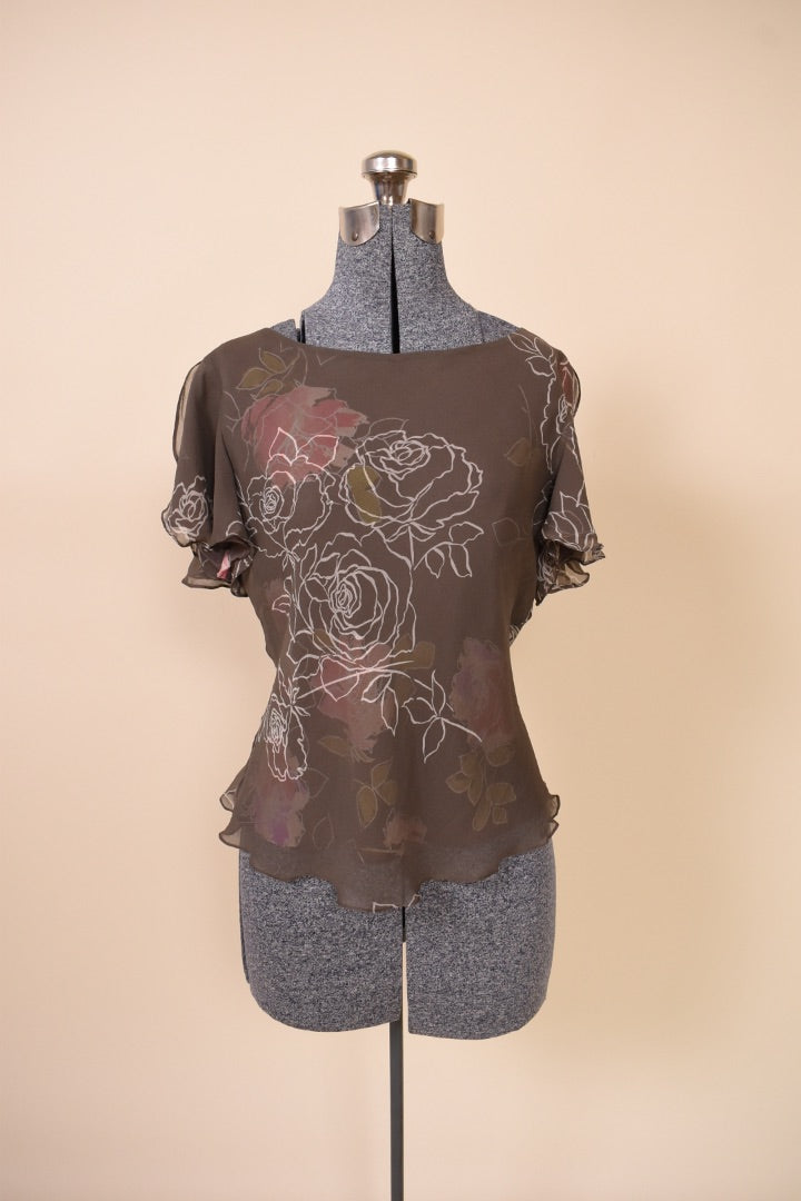 Brown Silk Bias Cut Layered Rose Print Top By Adrianna Papell, M