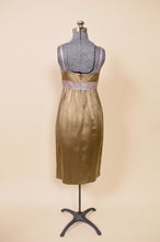 Load image into Gallery viewer, Olive &amp; Lavender Iridescent Silk Renaissance Style Midi Dress By Nicole Miller Collection, XS/S: Shown from Back 
