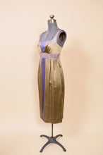 Load image into Gallery viewer, Olive &amp; Lavender Iridescent Silk Renaissance Style Midi Dress By Nicole Miller Collection, XS/S: Show from Side
