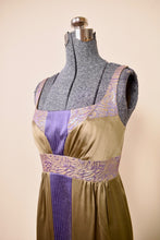 Load image into Gallery viewer, Olive &amp; Lavender Iridescent Silk Renaissance Style Midi Dress By Nicole Miller Collection, XS/S: Bodice Detail
