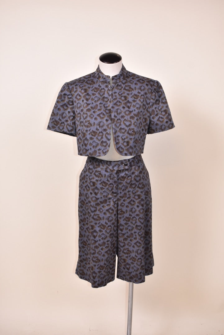 Blue 90s Animal Print 2pc Set - Short & Short Sleeve Jacket By Harve Benard, L