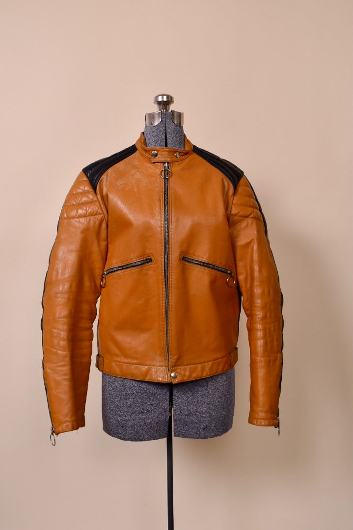 Tan 60s/70s Cafe Style Leather Jacket from the front 