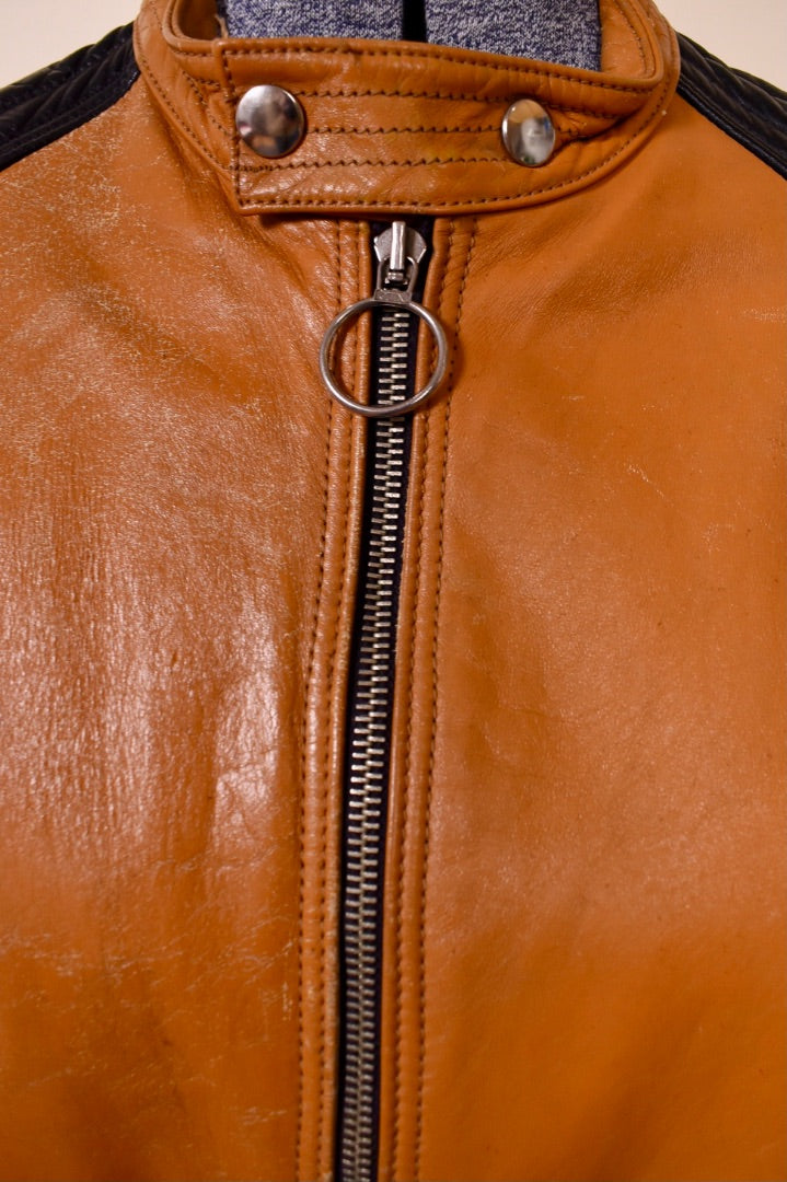 Tan 60s/70s Cafe Style Leather Jacket Zipper 