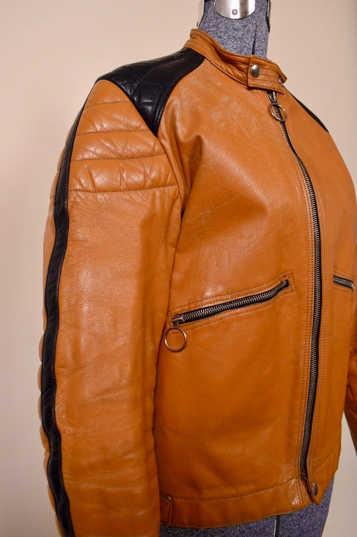 Tan 60s/70s Cafe Style Leather Jacket detail shot showing the textured shoulder detail with black leather 