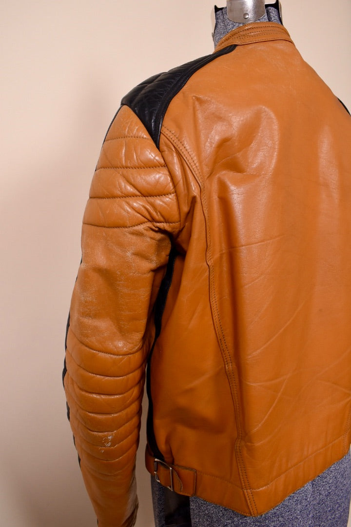 Tan 60s/70s Cafe Style Leather Jacket showing back arm 