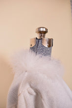 Load image into Gallery viewer, Swan Top — USA-made 3/4-sleeve white knit feather-collar top by Jane Adams Knitwear, M: Feather Collar, Shown from Side

