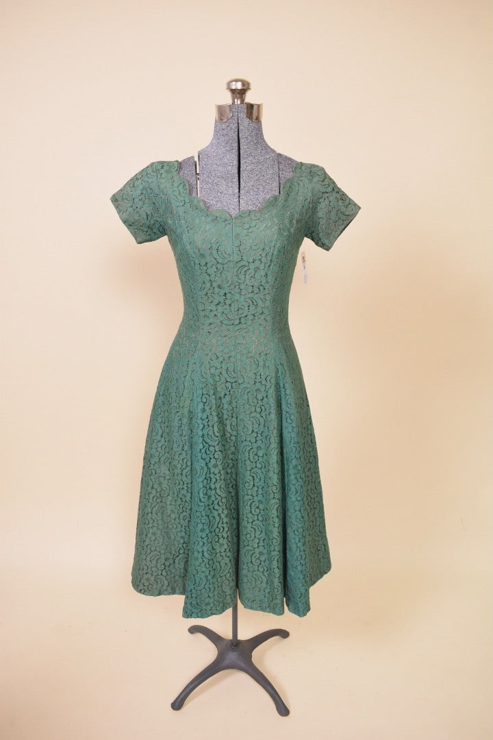 Green Late 1950s Lace Party Dress, XS: Shown from Front