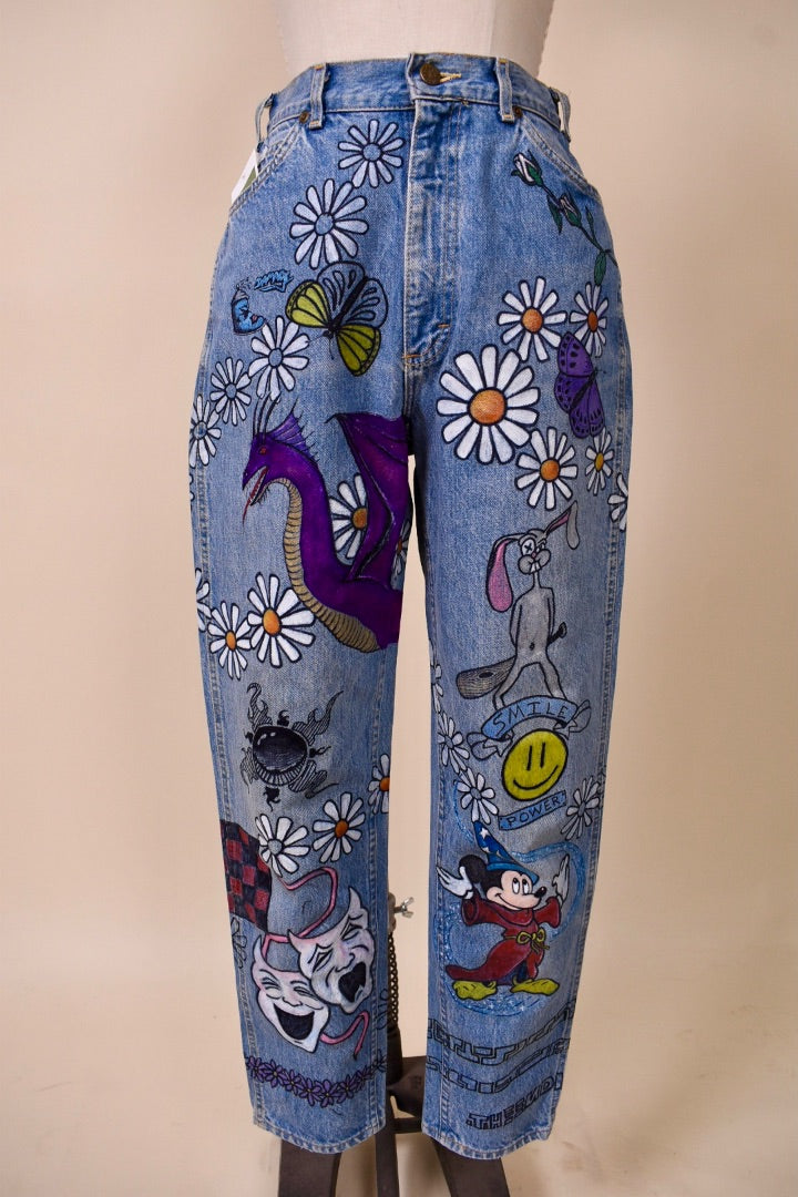 80s Lee Hand Painted Blue Jeans from the  front